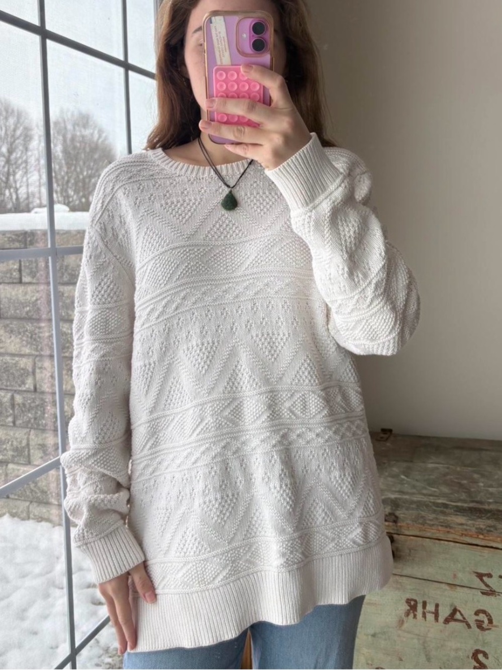 Vintage Cozy Cream Knit Textured Crewneck Sweater Size Large Oversized